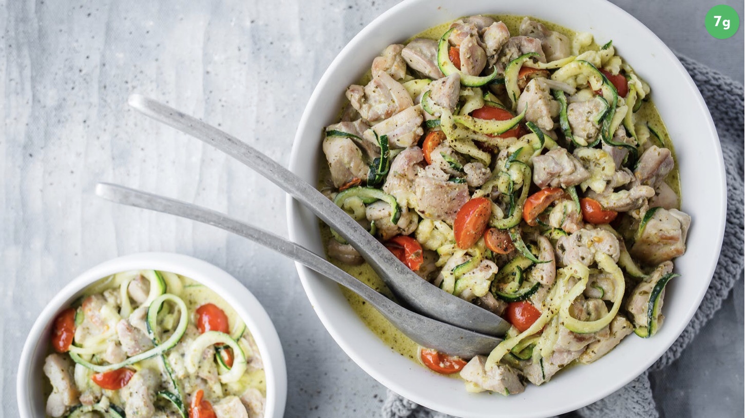 Delicious bowl of keto chicken pesto stew featuring tender chicken pieces, vibrant green zucchini noodles (zoodles), and a rich, creamy pesto sauce, garnished with fresh basil and served in a rustic bowl.