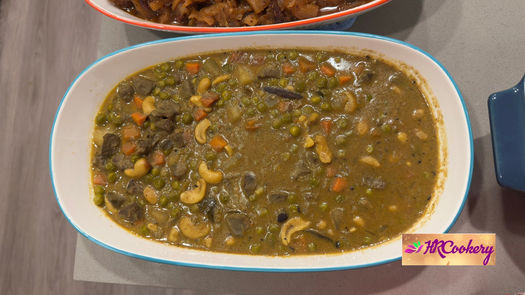 Sri Lankan green peas curry with carrots, potatoes, and liver cooked in creamy coconut milk and aromatic spices, served with rice.