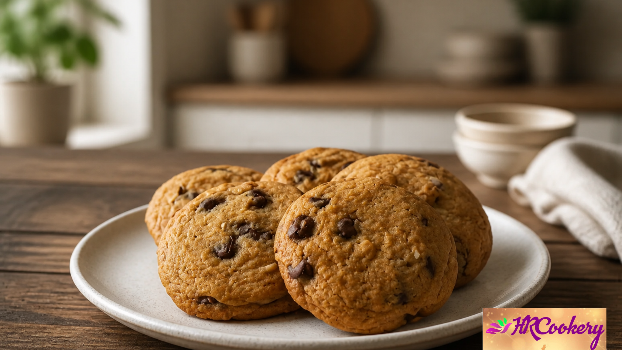 Freshly baked chocolate chip cookies served on a ceramic plate with a rustic kitchen background.