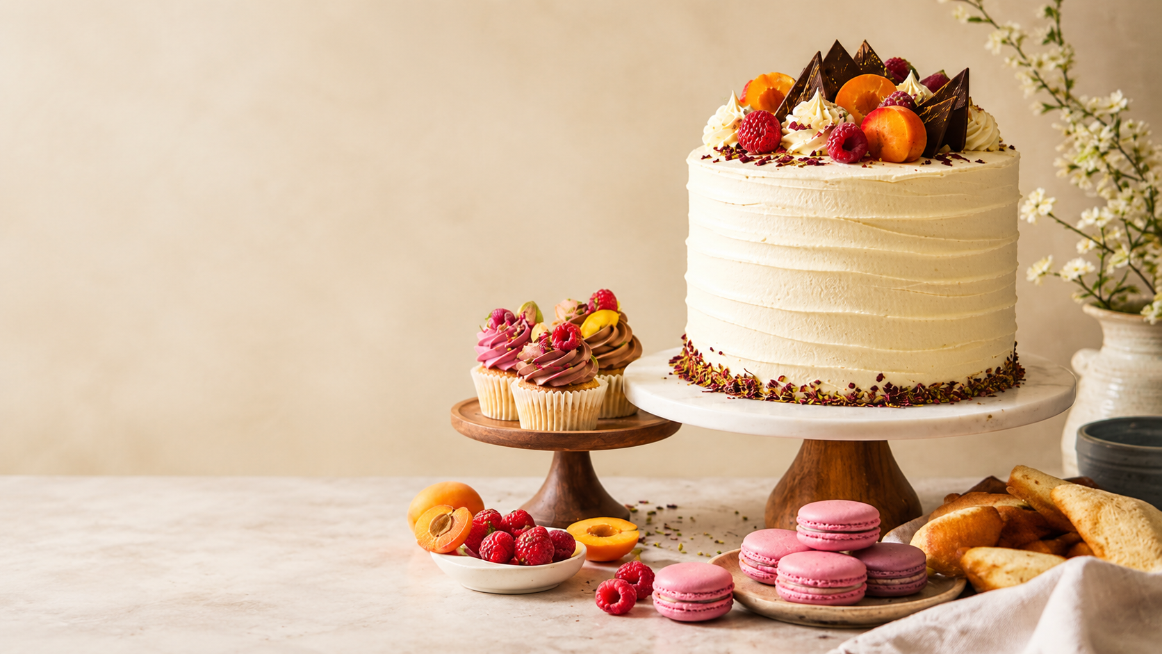 HRCookery celebration cake, cupcakes, fruit, and macarons on a bakery table