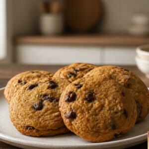Freshly baked chocolate chip cookies served on a ceramic plate with a rustic kitchen background.
