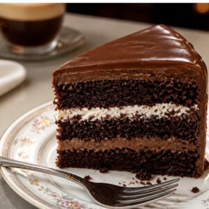 Slice of ultimate fudge chocolate layer cake with creamy frosting and ganache on a plate