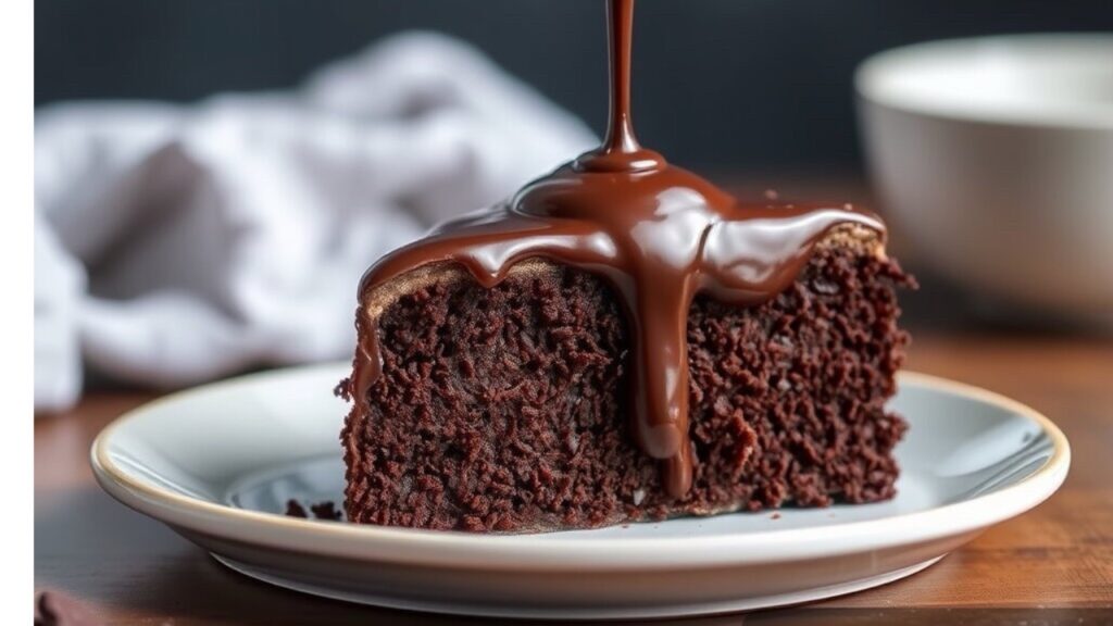 A rich chocolate mud cake slice on a white plate, garnished with a dollop of whipped cream and a sprinkle of cocoa powder, with a fork beside it.
